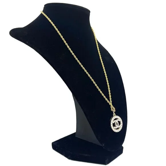 CHANEL CC Round Rhinestone Charm Pendant on Necklace Gold Plated Chain